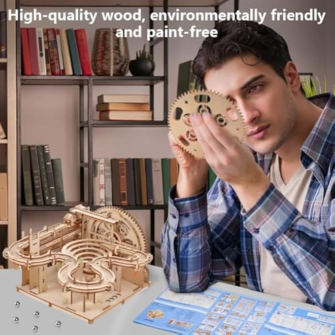 HAND CRANKED MARBLE RUN WOODEN MODEL KITS, 3D WOODEN PUZZLE MECHANICAL MODEL KITS, SELF ASSEMBLY CREATIVITY MARBLE RUN BUILDING KITS, MECHANICAL MODEL BUILDING CRAFT (WITH 4 BEADS) - Image 2
